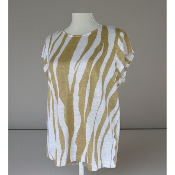 Tan White Zebra Animal Print Cap Sleeve Blouse 100% Linen Tahari Size M - Picture 1 of 16